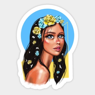 Ukrainian young emotional girl with Ukrainian symbols. Sticker